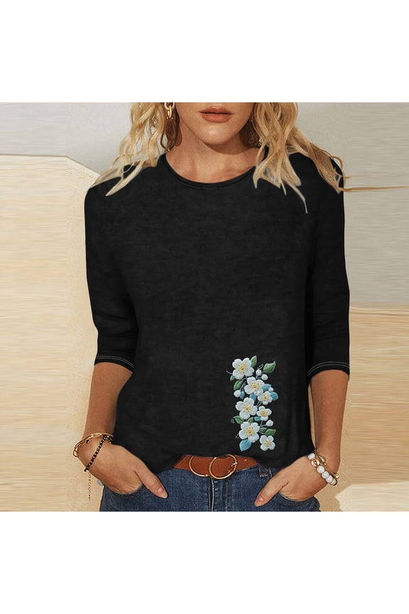 Y2K Top Oversized Graphic Tees For Women Ladies' Fashion Printed Round Neck Three Quarter Sleeve 3/4 Sleeve T-Shirt Loose