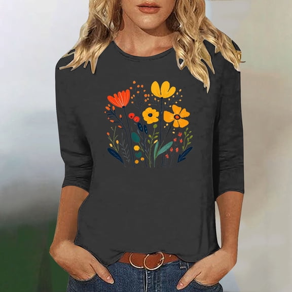 Runfenguu Y2K Top Oversized Tees Ladies' Fashion Floral Printed Round Neck 3/4 Sleeve T-Shirt Shirt Sleeve Round Neck Top/Shirt