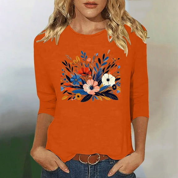 Runfenguu Y2K Top Womens Graphic Tees Ladies' Fashion Floral Printed Round Neck 3/4 Sleeve T-Shirt Shirt Sleeve Round Neck Top/Shirt