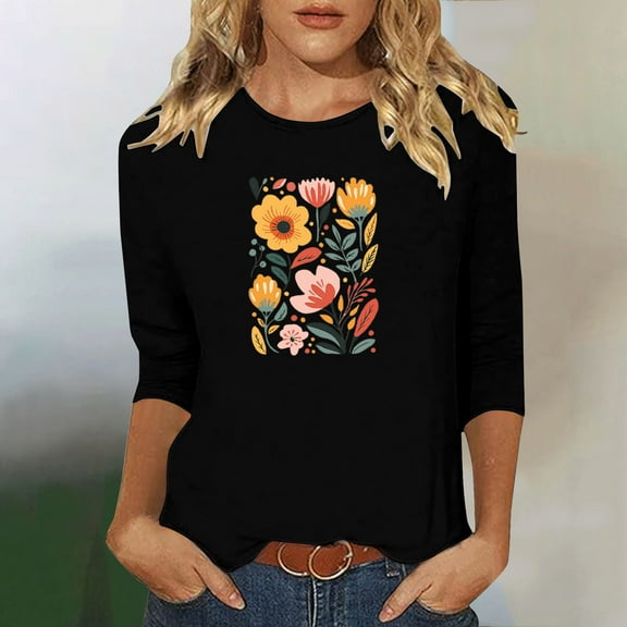Runfenguu Y2K Top Womens Graphic Tees Ladies' Fashion Floral Printed Round Neck 3/4 Sleeve T-Shirt Shirt Sleeve Round Neck Top/Shirt