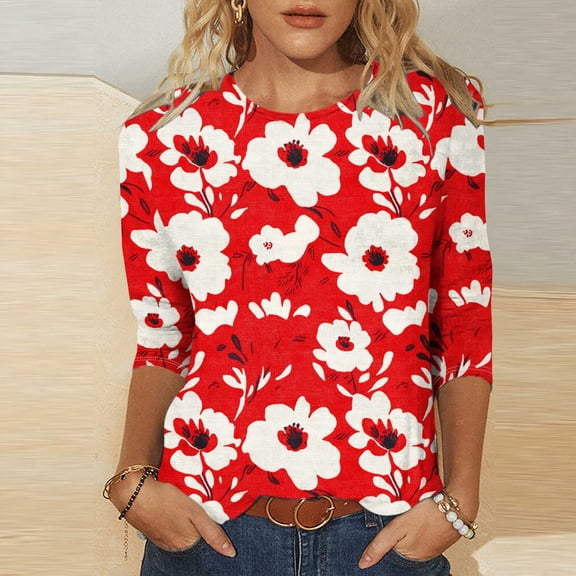 Runfenguu Y2K Top Womens Graphic Tees Women Vacation Style Floral Leisure Print Round Neck Three Quarter Sleeve 3/4 Sleeve T-Shirt Loose