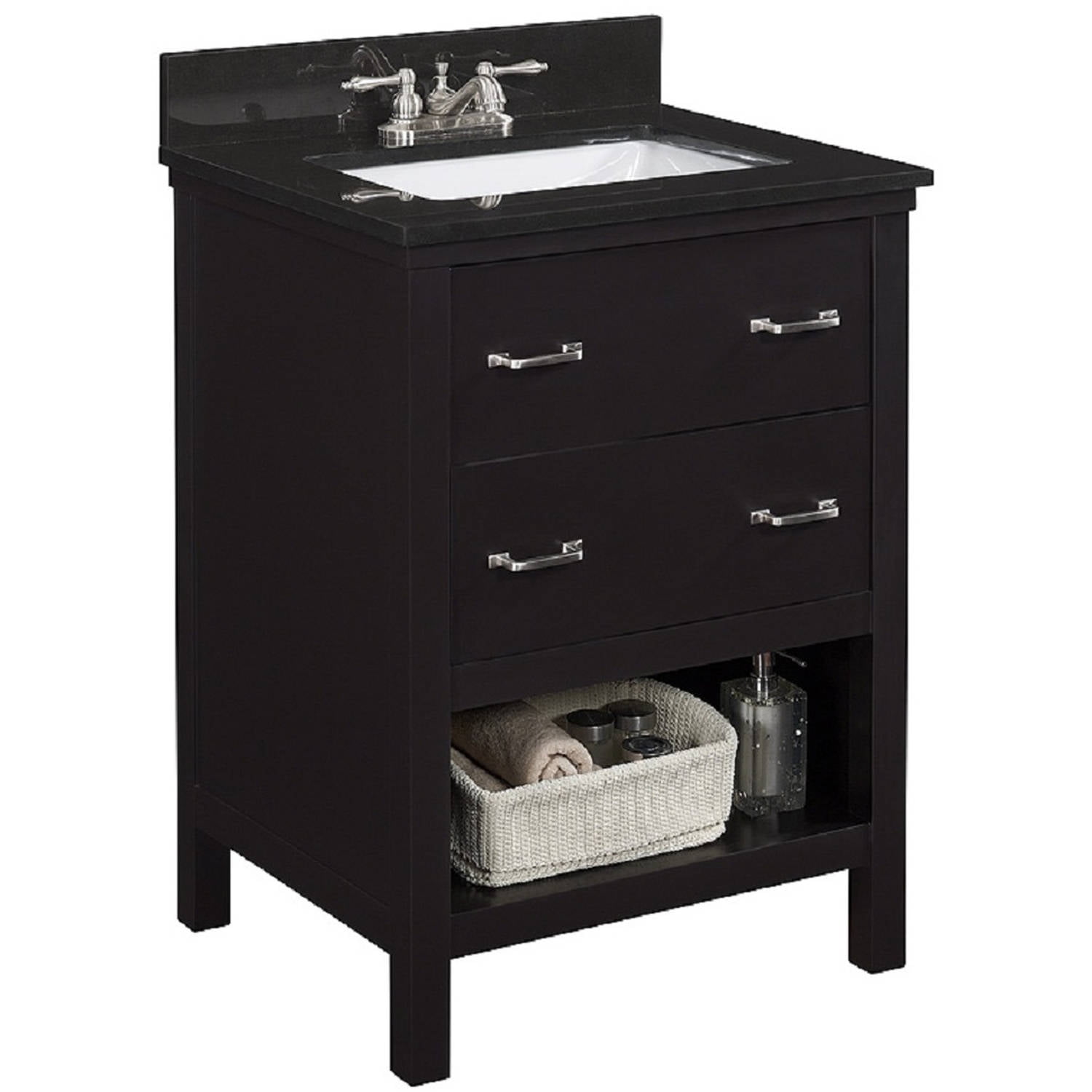 Runfine Solid Wood Vanity with Black Granite Top, 2 U Shaped Drawers