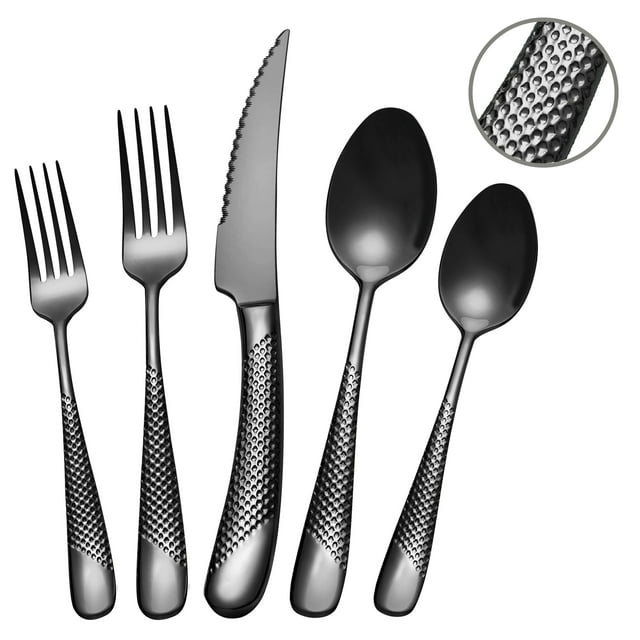 Runfly 20Piece Hammered Black Silverware Set, 18/10 Stainless Steel