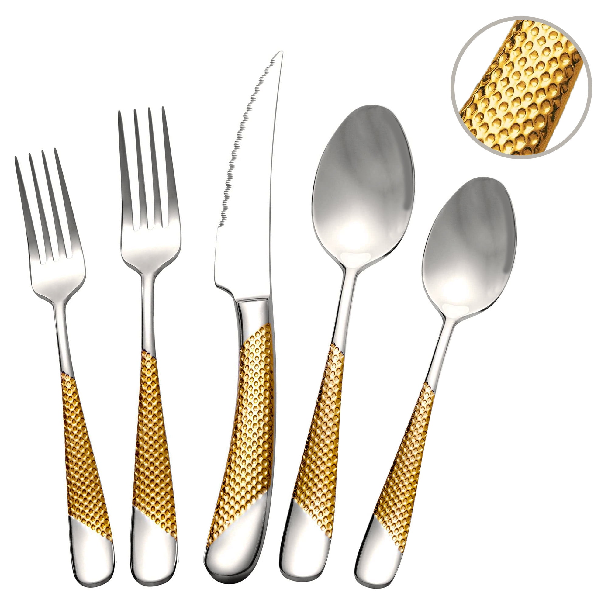 Runfly 20 Piece Hammered Silver Gold Silverware Set,18/10 Stainless