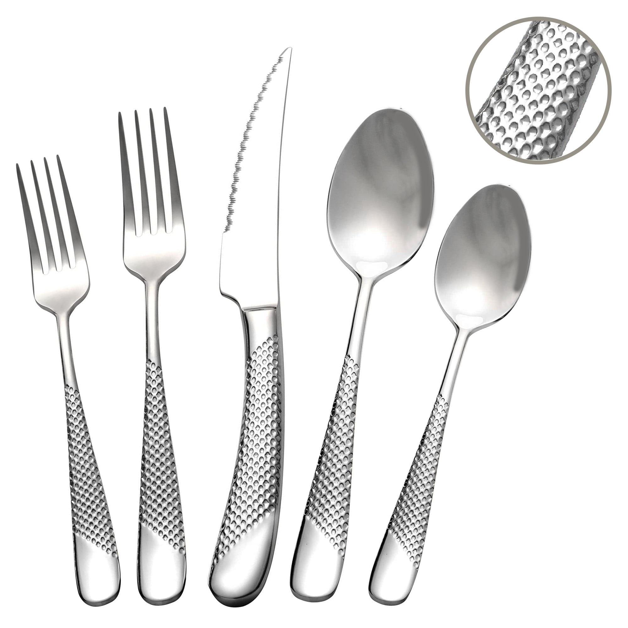 Runfly 20 Piece Hammered Silver Silverware Set,18/10 Stainless Steel Flatware Set, Set Service