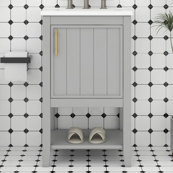 Runforrest 20" Gray Bathroom Vanity with Ceramic Sink, Bathroom Cabinet with Soft Closing Door, Storage Rack and Open Shelf