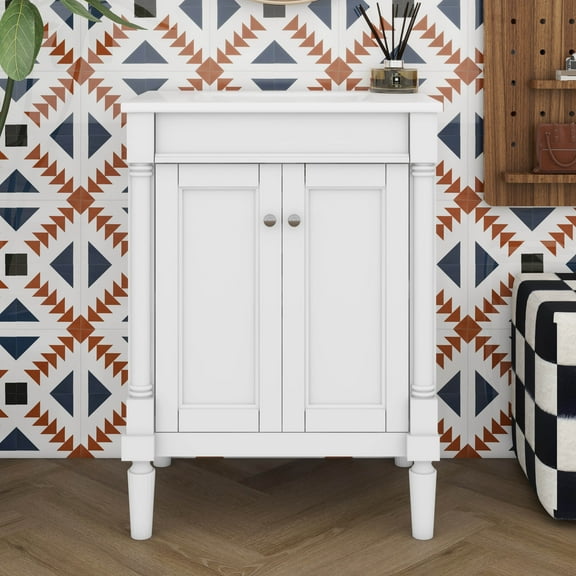 Runforrest 24" Bathroom Vanity with Top Sink, 2-Tier Modern Bathroom Storage Cabinet, Single Sink Bathroom Vanity, White