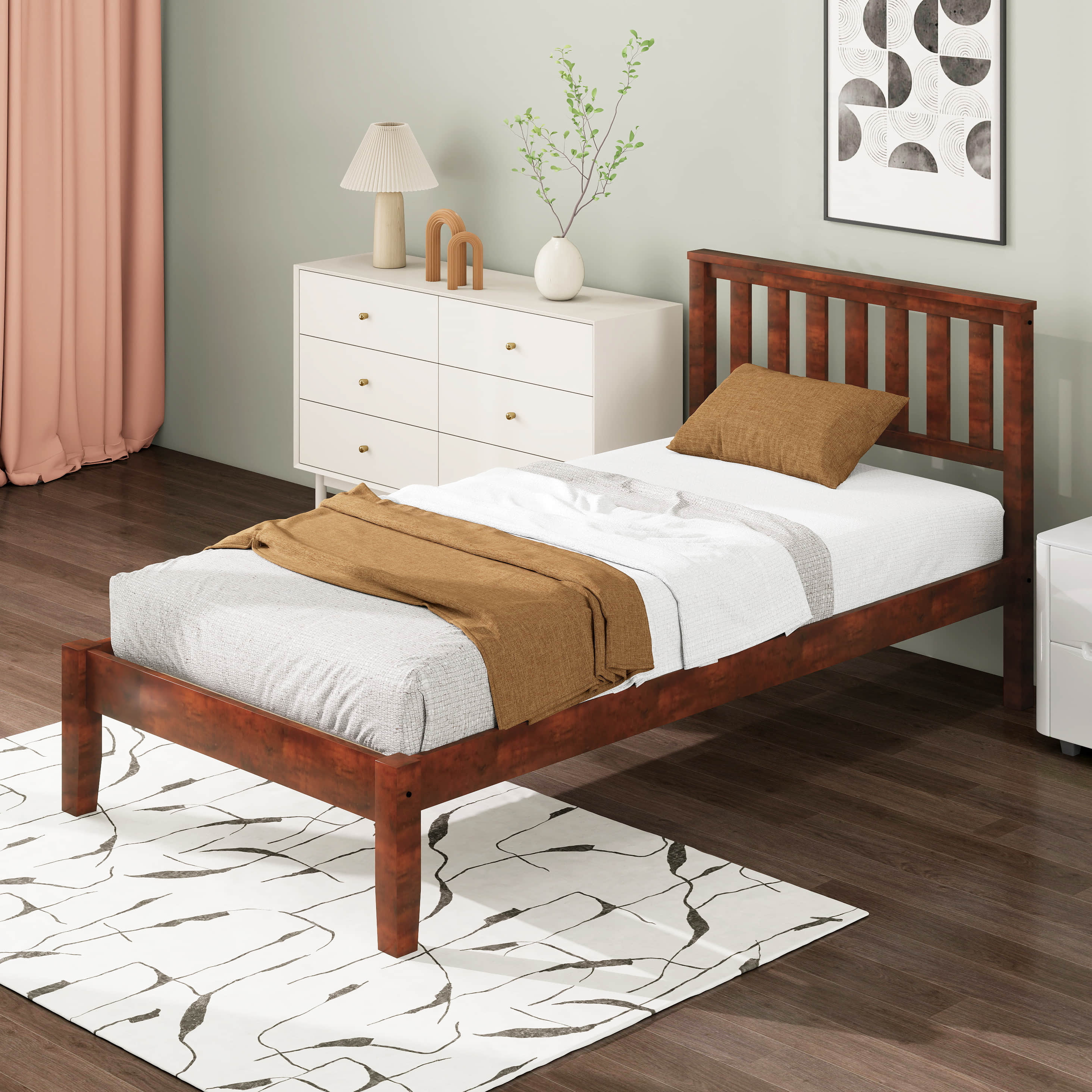 Oak Twin Size Solid Wood Platform Bed With Headboard And Footboard Kid Platform Sleigh Bed Frame With Wood Slat 00533anna