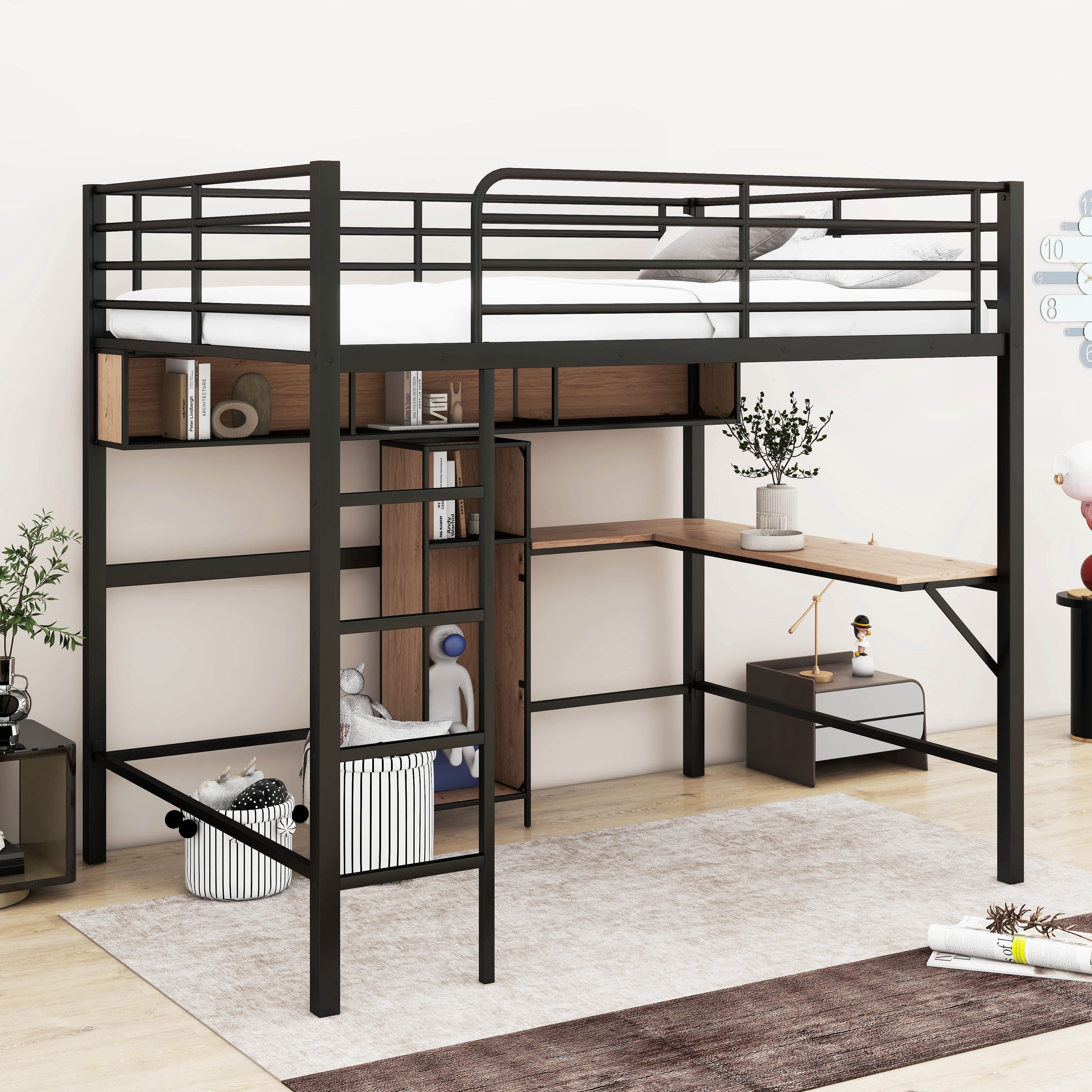 Runforrrs Full Size Metal and Wood Loft Bed with L-Shaped Desk and ...