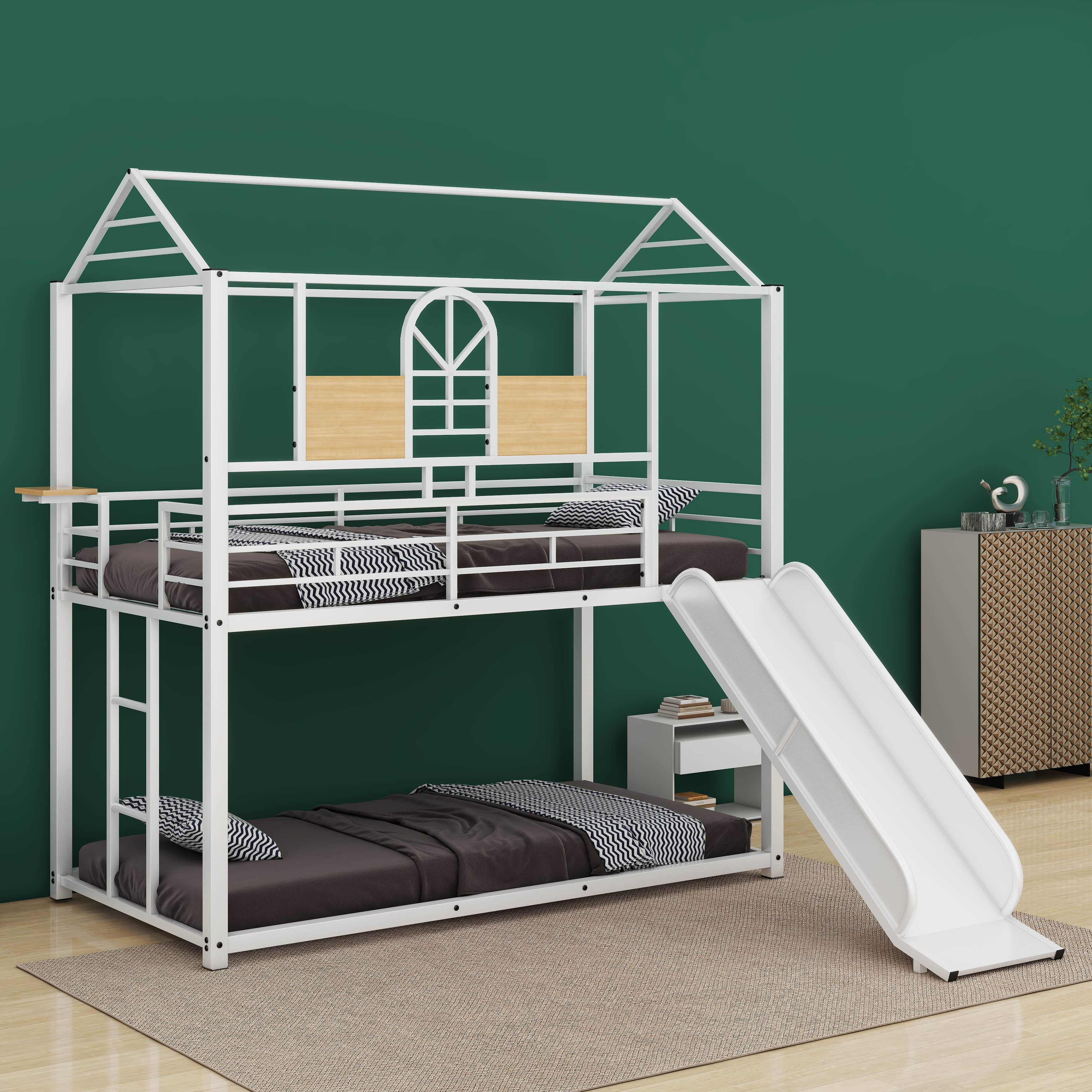 Runforrrs Metal Twin Over Twin Size House Bunk Bed with Slide and ...