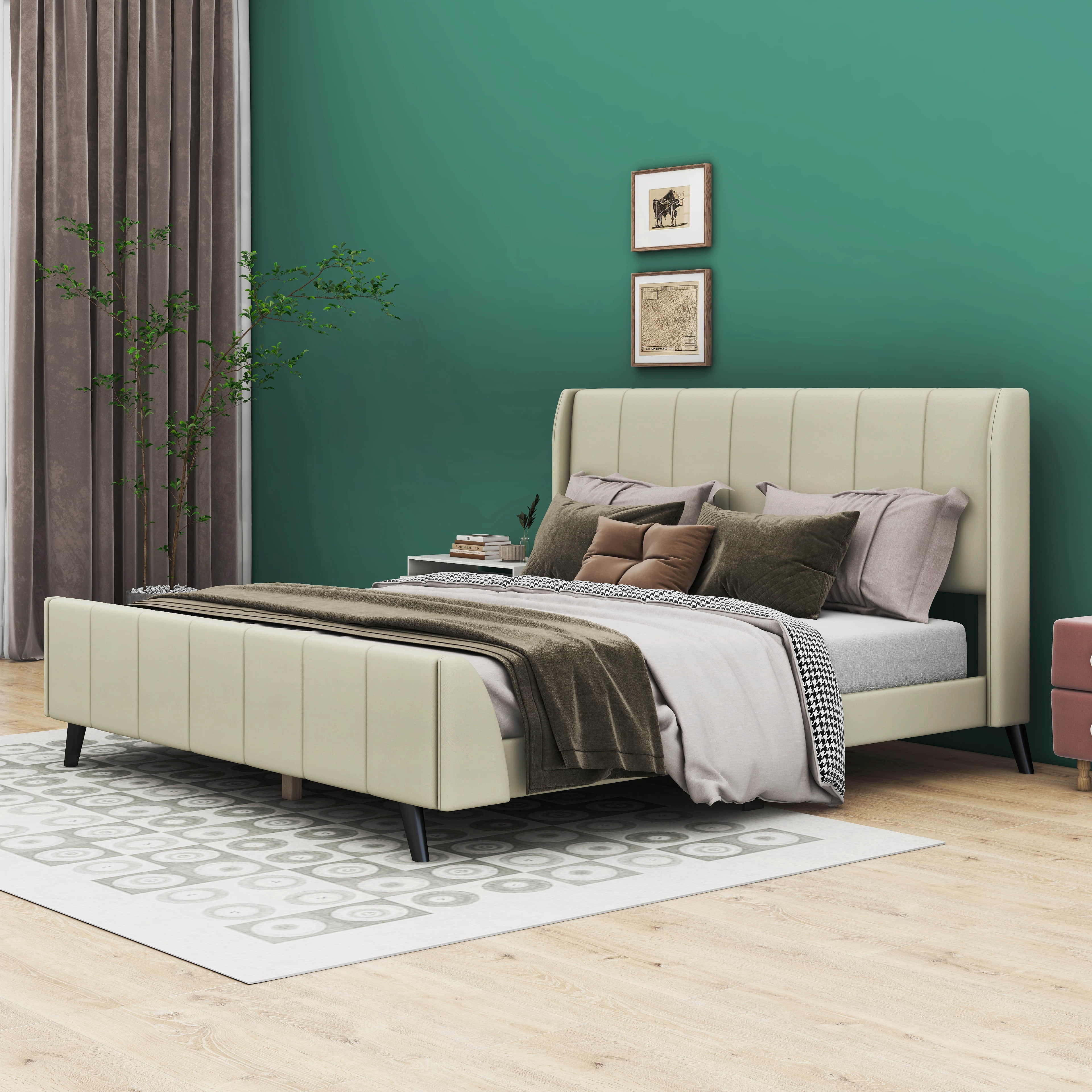 Runforrrs Queen Size Beige Color Upholstered Platform Bed, Velvet ...