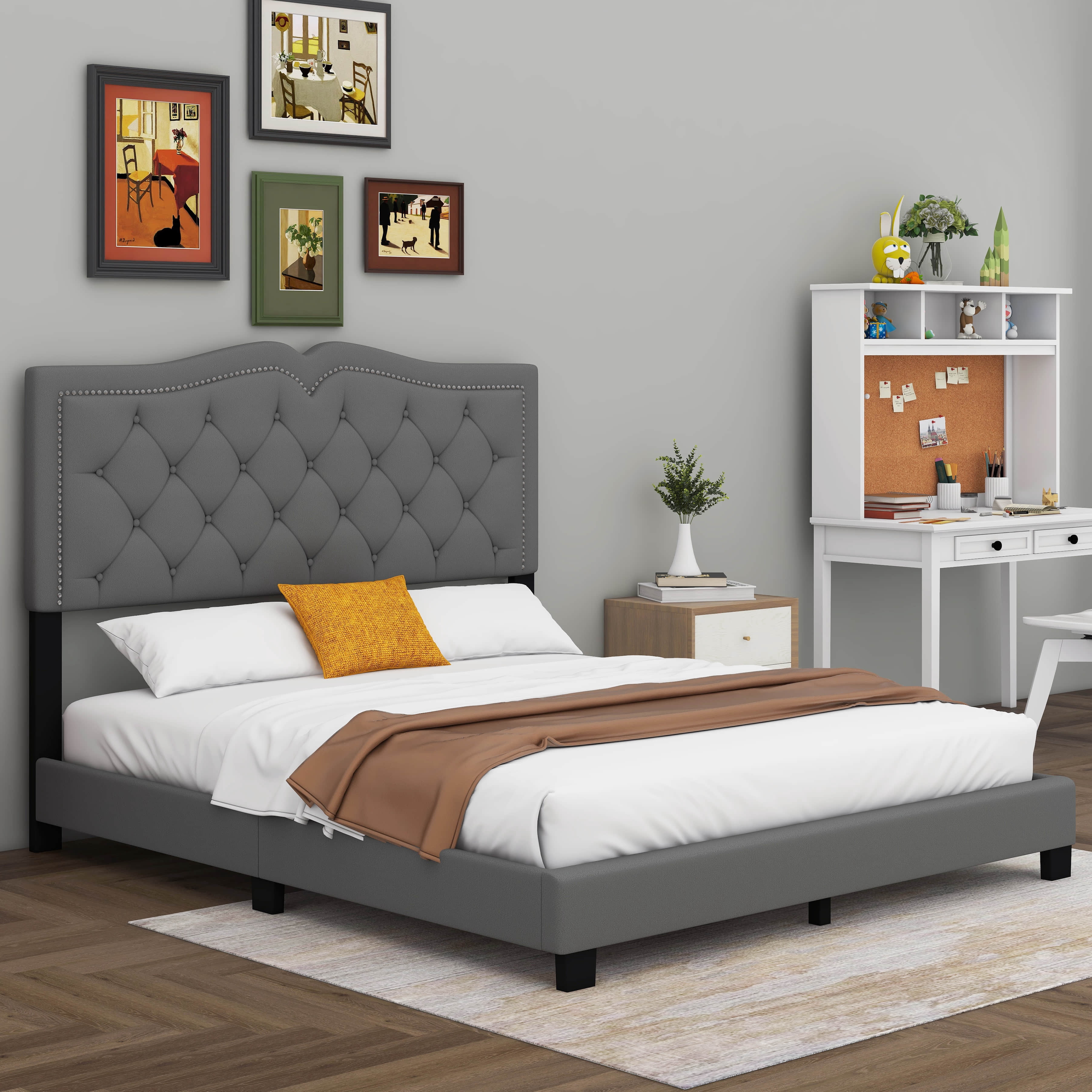 Runforrrs Queen Size Rivet Design Upholstered Bed Frame with Tufted ...