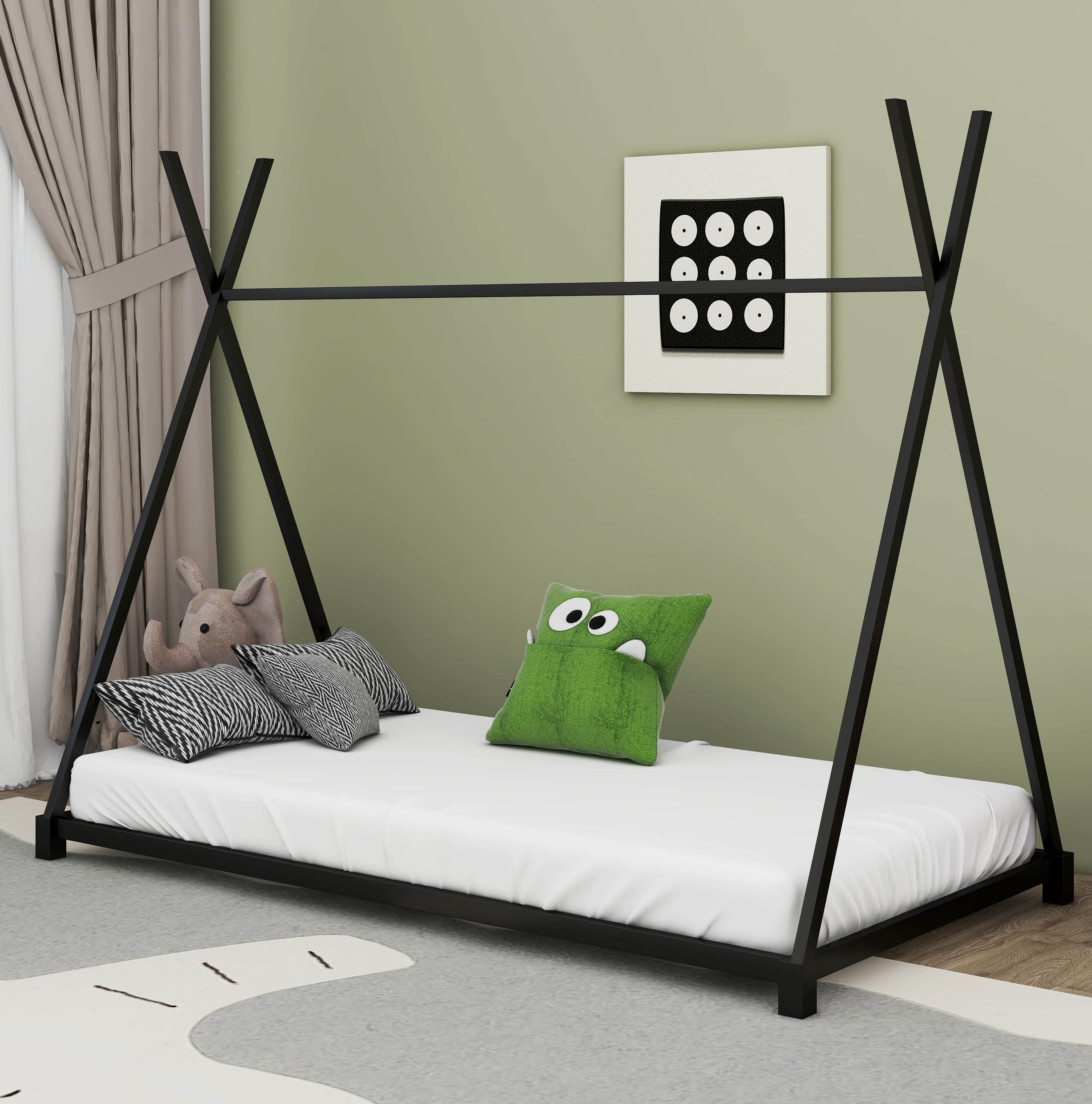 Runforrrs Triangular Construction Metal Twin Size Bed, Black Color ...