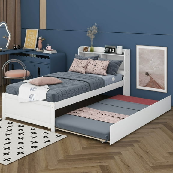 Runforrrs Twin Bed with Bookcase in Headboard, Platform Bed with Trundle, White
