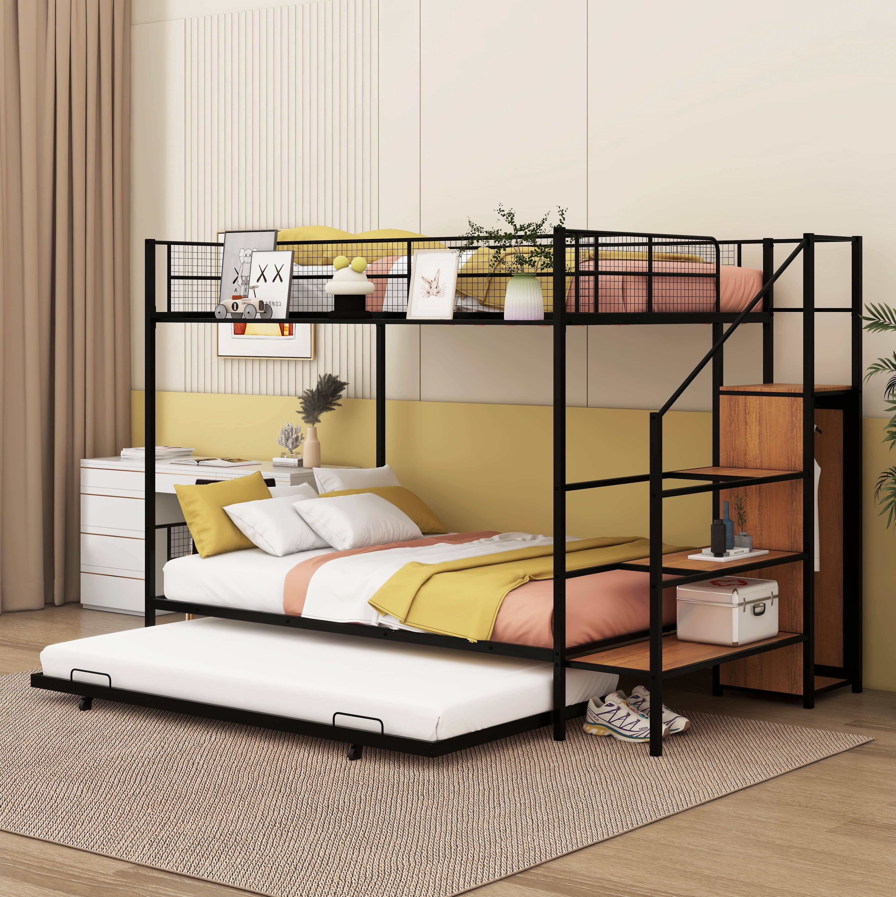 Side Bunks Runforrrs Twin Over Full Bunk Metal Bed with Trundle, Side Storage ...
