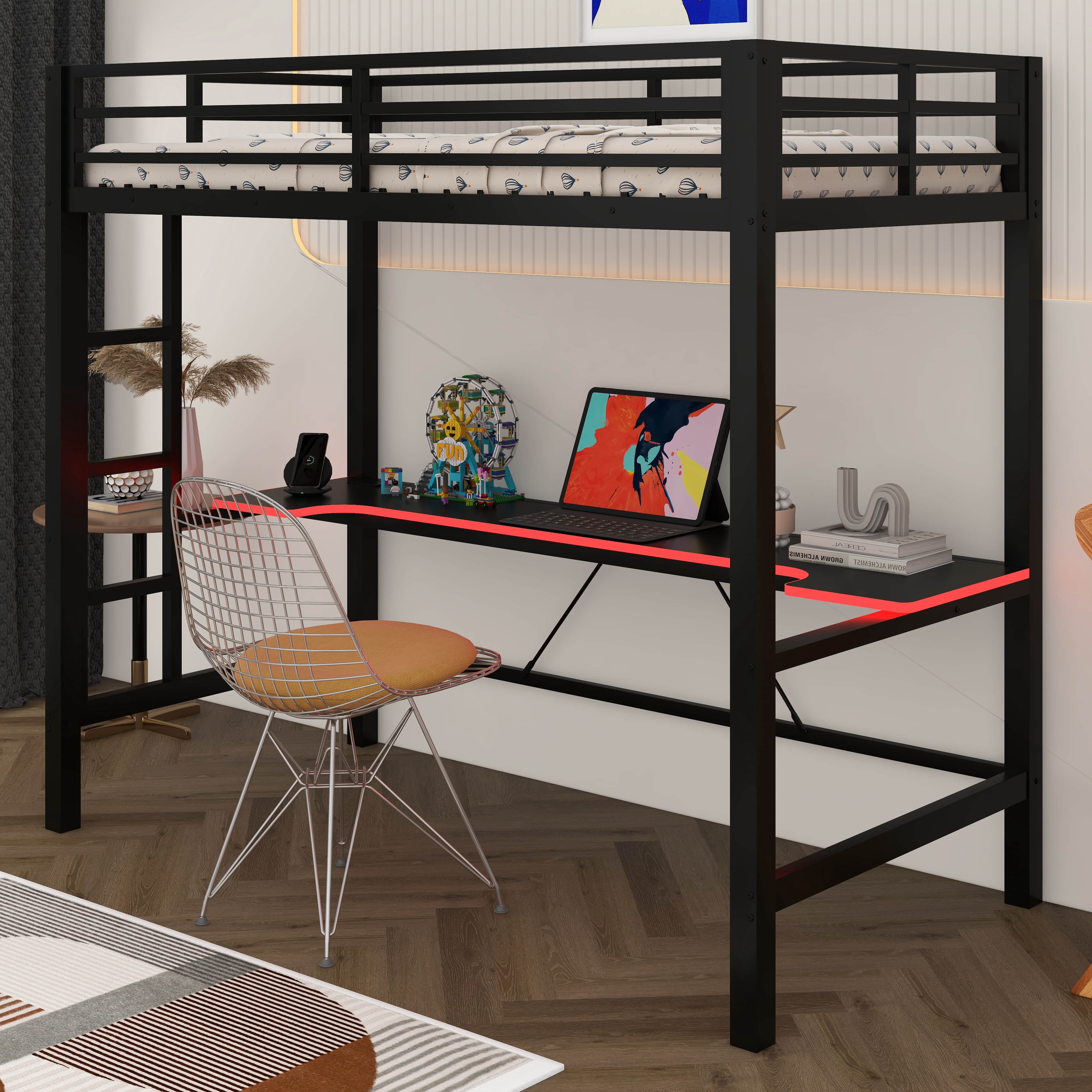 Runforrrs Twin Size Black Color Gaming Metal Loft Bed Frame with LED ...