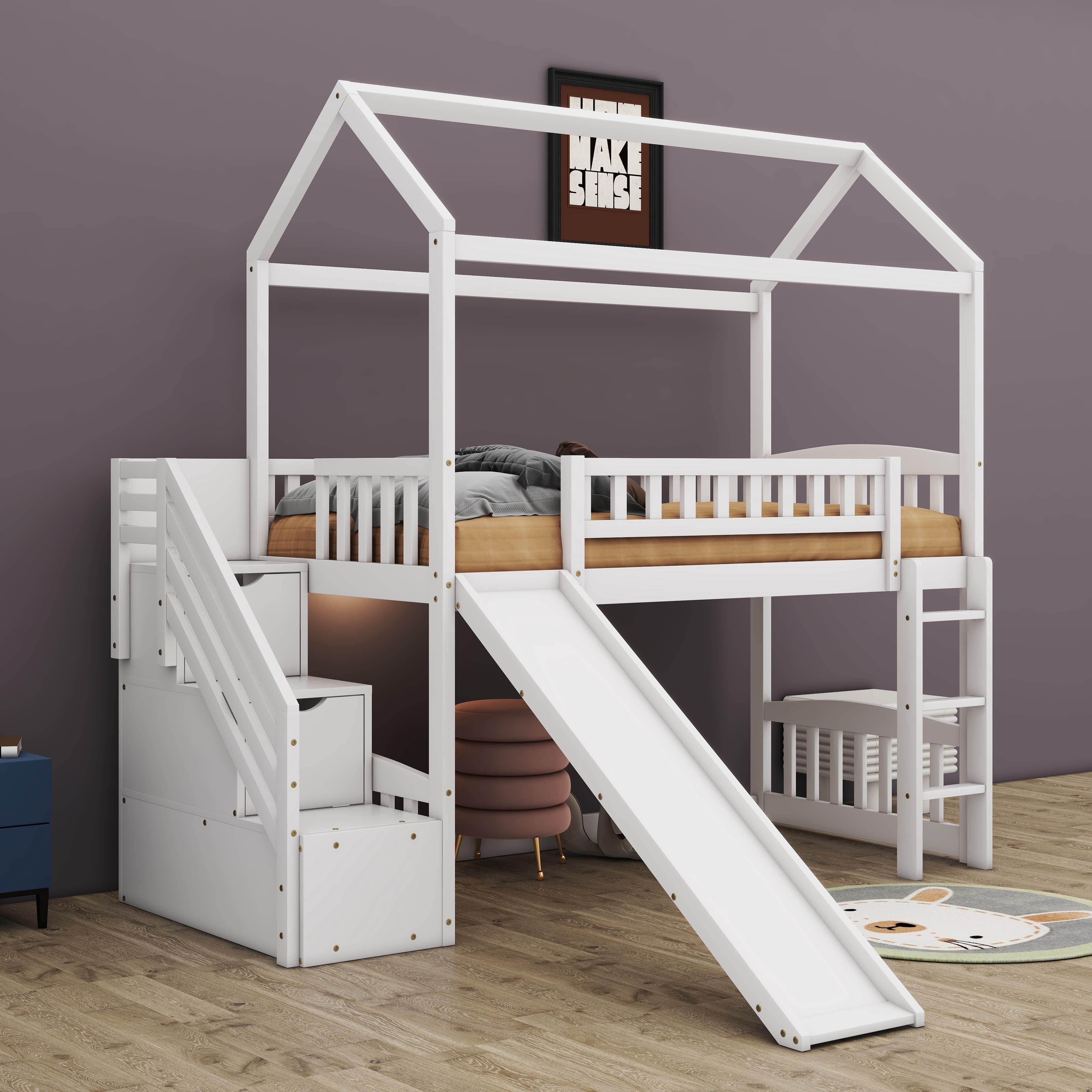 Runforrrs Twin Size House Loft Bed with Two Drawers and Glides, White ...