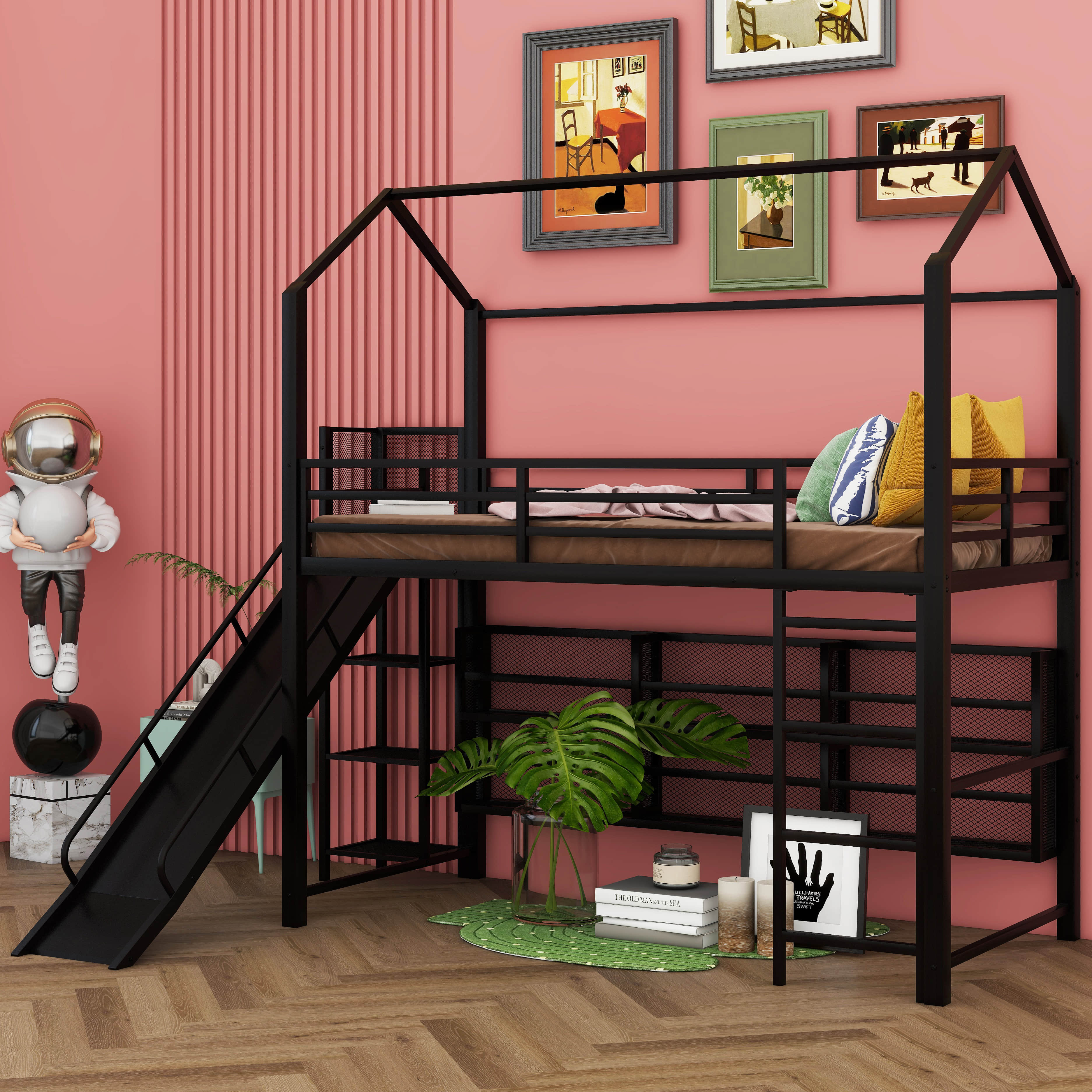 Runforrrs Twin Size House Metal Loft Bed with Storage Shelves,Ladder ...