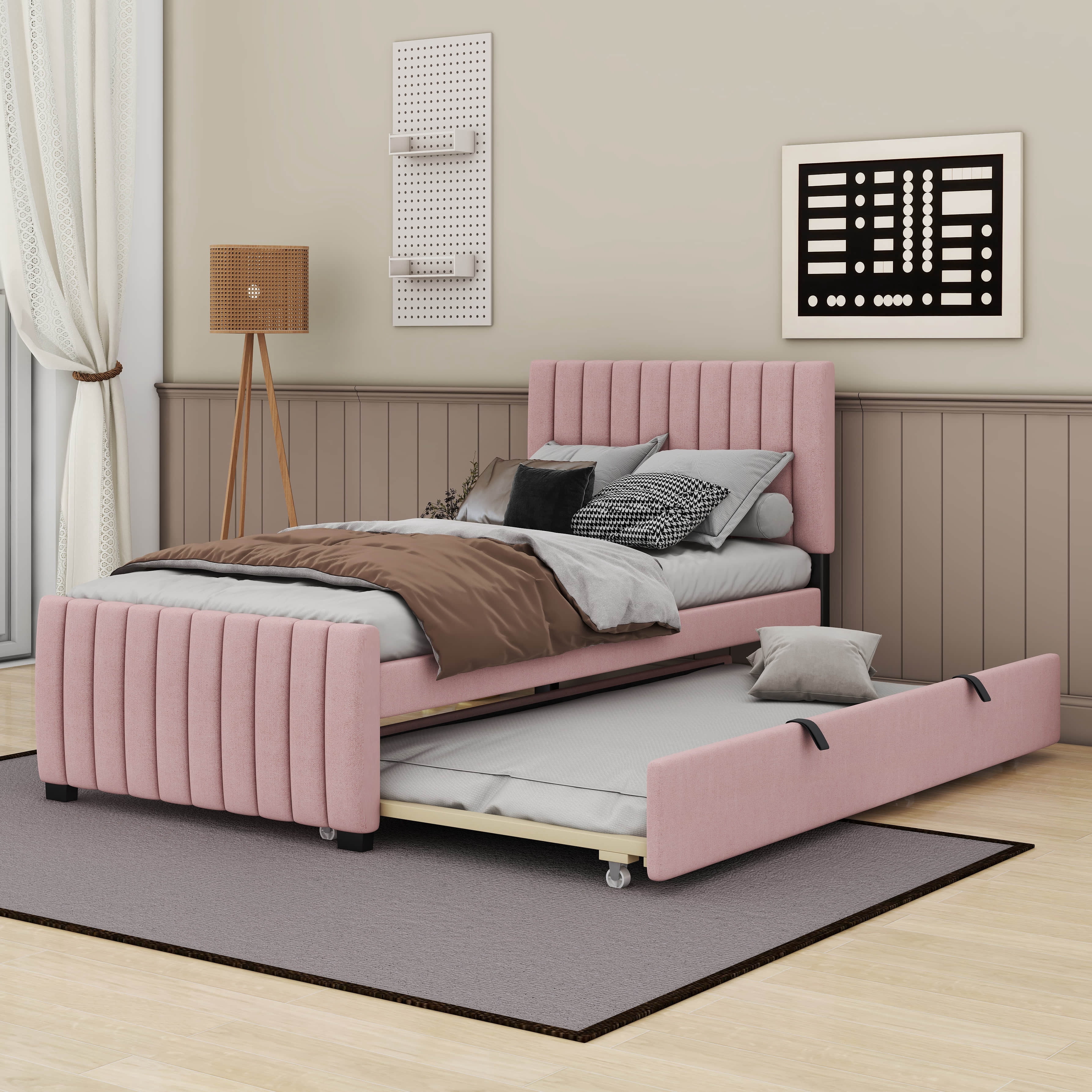 Runforrrs Twin Size Pink Color Velvet Upholstered Platform Bed with ...