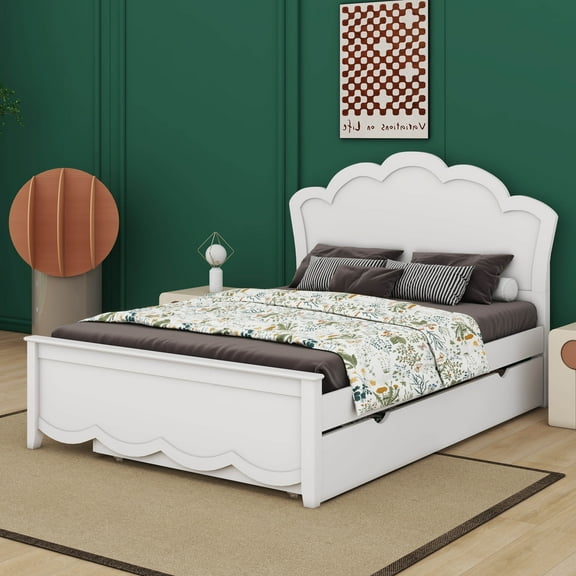 Runforrrs Wooden Full Size Platform Bed with Headboard and Twin Size Trundle, White
