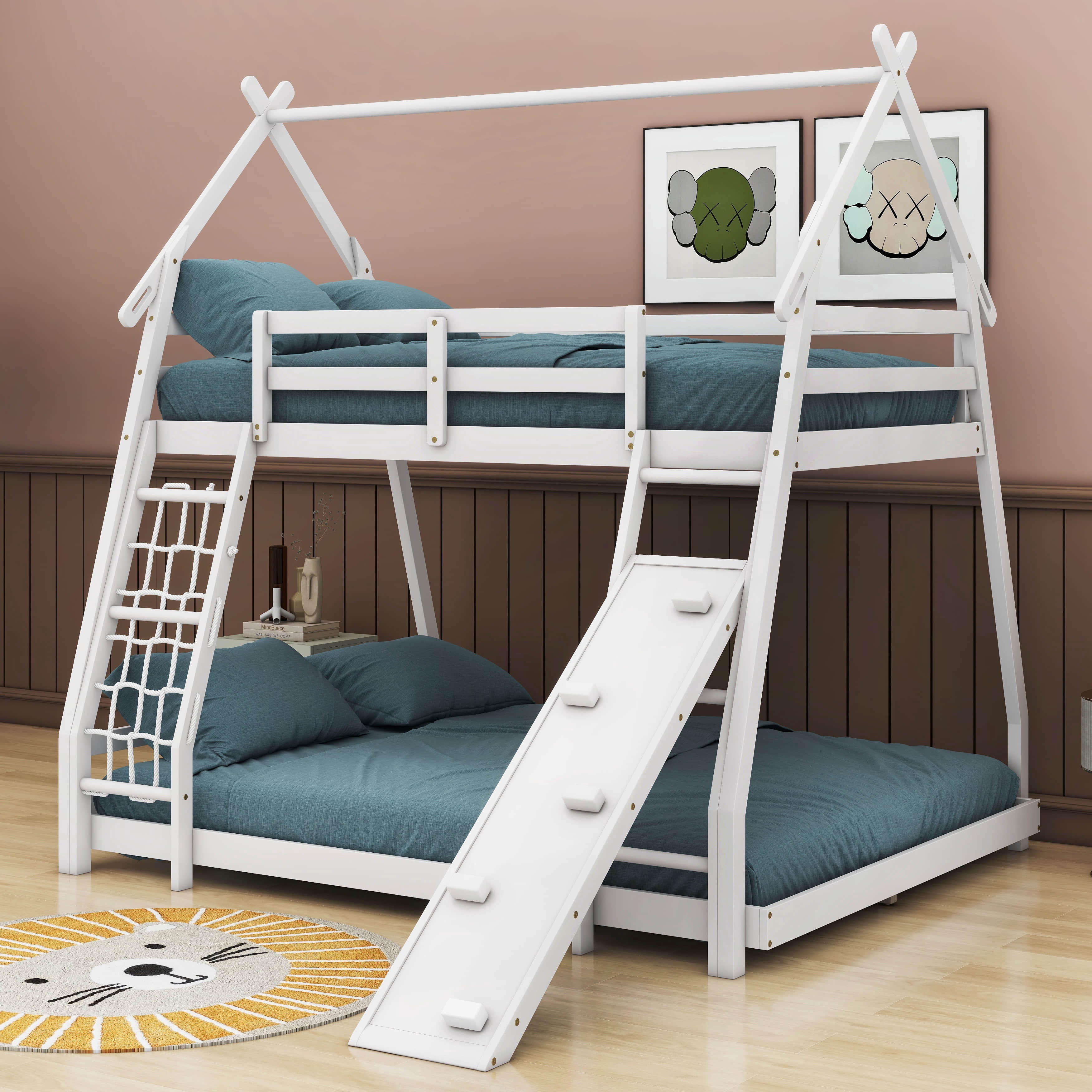 Runforrrs Wooden Twin over Queen House Roof Bunk Bed with Climbing Net ...