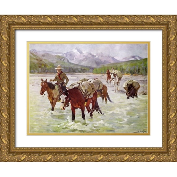 Rungius, Carl 32x25 Gold Ornate Wood Framed with Double Matting Museum Art Print Titled - An Easy Fording
