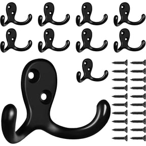 Rungopro 10 Pack Coat Hooks, Wall Hooks, Double Coat Hooks Wall Mounted, Coat Hooks for Wall Hooks for Hanging with 20 Screws Black Hooks for Hanging Coat, Bag, Scarf, Towel, Hat, Key, Cup, Black