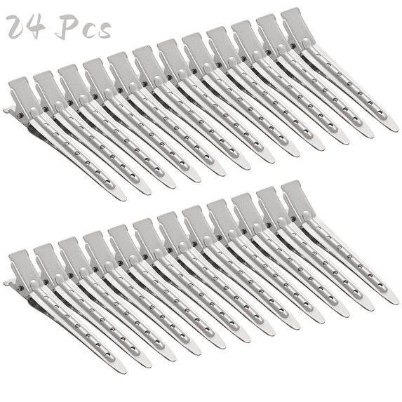 Rungopro 24 Pcs Duck Bill Clips, 3.5 Inches Rustproof Metal Alligator Curl Clips with Holes for Hair Styling, Hair Coloring, Silver