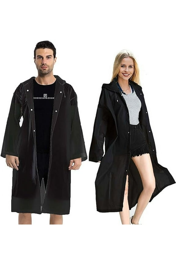 Rain Coats (2 Pack) - Reusable EVA Rain Ponchos for Adults Rain Jackets Raincoats for Men Women, Black