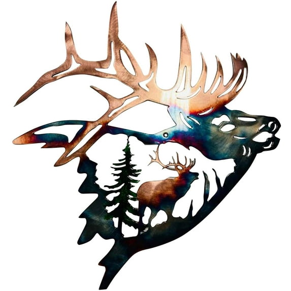 Rungungde 3D Metal Wall Art Decor, Rustic Metal Elk Saw Blade Deer Pheasant Dog Hunting Scene Wall Art Sculpture Hanging for Indoor Outdoor Home Office Cabin Farmhouse Animal Artwork Decorations