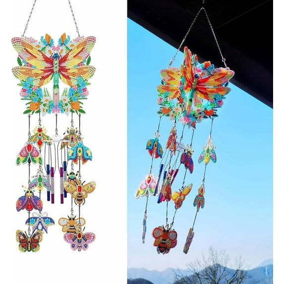 Rungungde Diamond Painting Wind Chimes - DIY Dotted Diamond Art Painting Wind Chime Kit, Sun Catcher Wind Chime Double Sided 3D Butterfly and Hummingbird Hanging Ornament for Home Garden