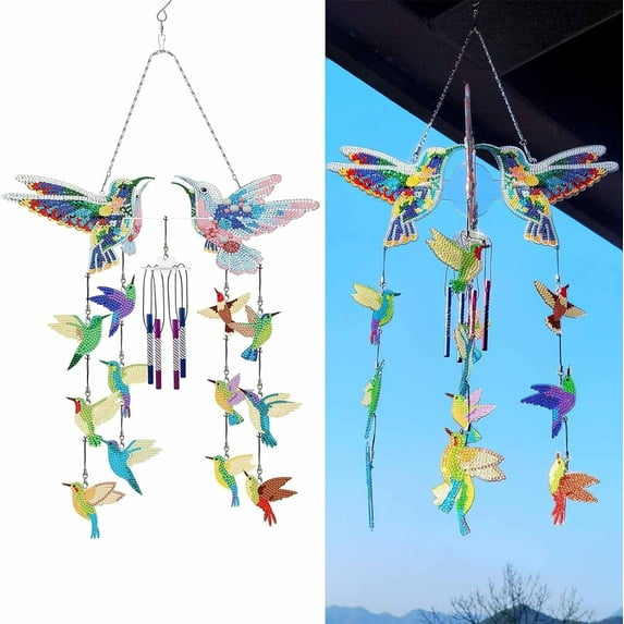 Rungungde Diamond Painting Wind Chimes - DIY Dotted Diamond Art Painting Wind Chime Kit, Sun Catcher Wind Chime Double Sided 3D Butterfly and Hummingbird Hanging Ornament for Home Garden