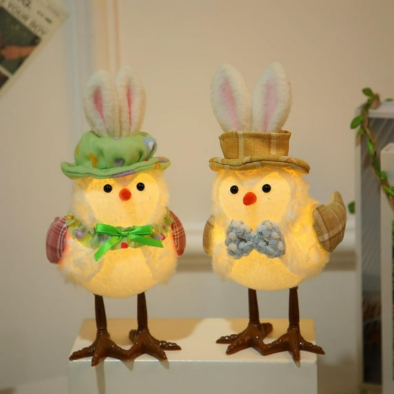 Rungungde Easter Bird Decorations Spring Easter Bird Figurines Light up Bird Decor with Rabbit Ears Handmade Bunny Bird Figurines Glowing Owl Home Kitchen Table Fireplace Mantel Ornaments (Pink)