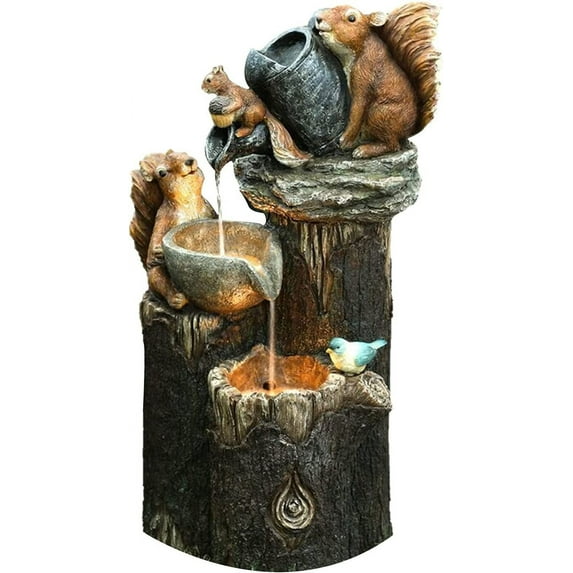 Rungungde Solar Powered Garden Lights Squirrel/Duck Waterfall Fountain Statue Table Decor, Animal Garden Statue with Solar Led Lights, Creative Resin Garden Water Fountain Sculpture