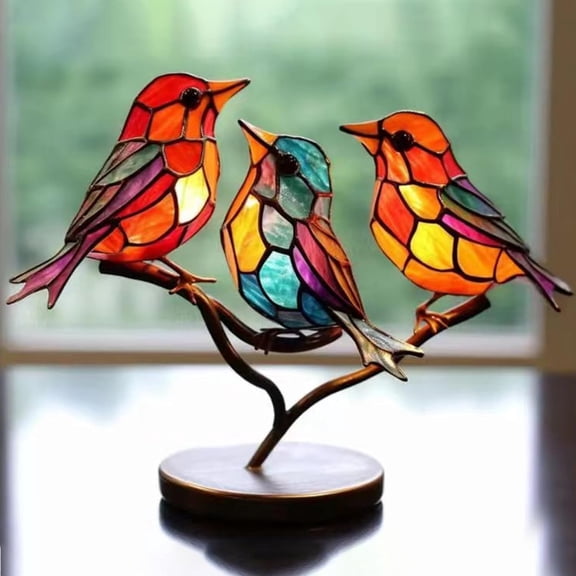 Rungungde Stained Glass Birds On Branch - Double Sided Multicolor Metal Birds Craft Statue Desktop Ornaments, Flat Stained Glass Birds Art Sculpture for Home Office Bedroom Decorations