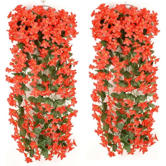 Rungungde Vivid Artificial Hanging Orchid Brunch 2 Pack Artificial Hanging Flowers for Outdoor Fake Hanging Plants Colorful for Patio Garden Porch Wedding Home Decor (Rose Red)