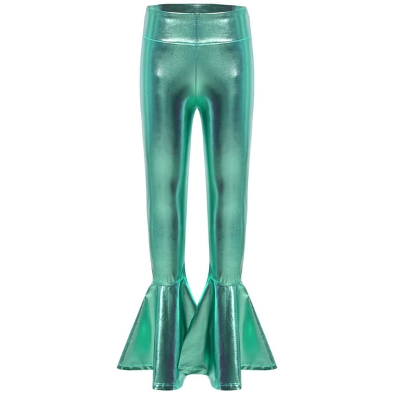 Runhomal Girls Bronzing Flare Dance Pants Kids Shiny Metallic Bell Bottom Jazz Ruffle Leggings Stage Lake Green 16