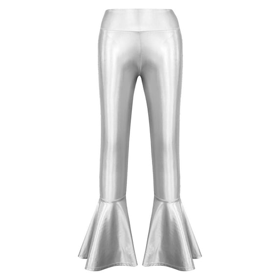 Runhomal Girls Bronzing Flare Dance Pants Kids Shiny Metallic Bell Bottom Jazz Ruffle Leggings Stage Silver 8
