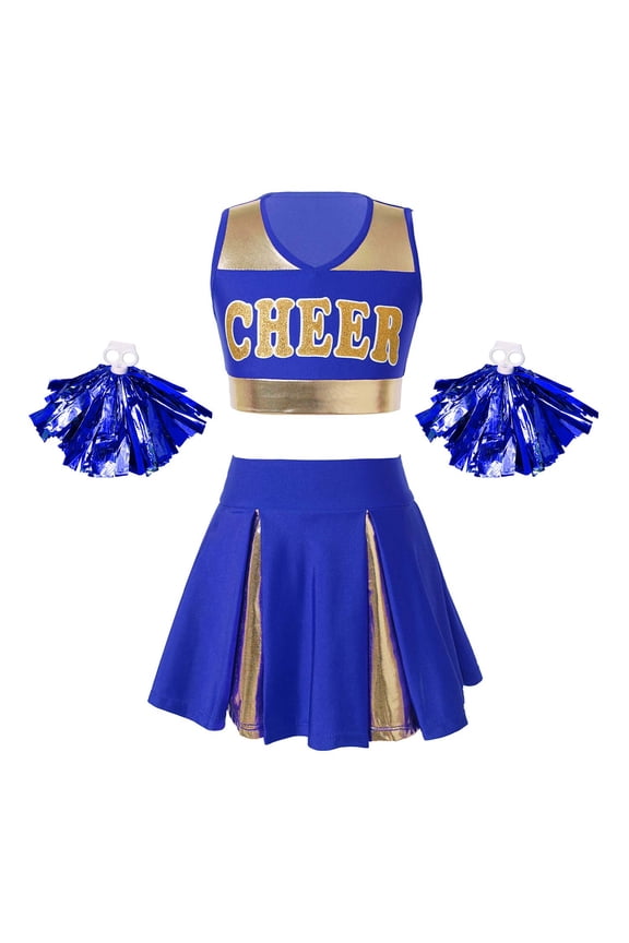 Girls Cheerleading Dance Set Cheer Leader Letter Printed Crop Top with Skirt 1 Pair Tassel Blue 14