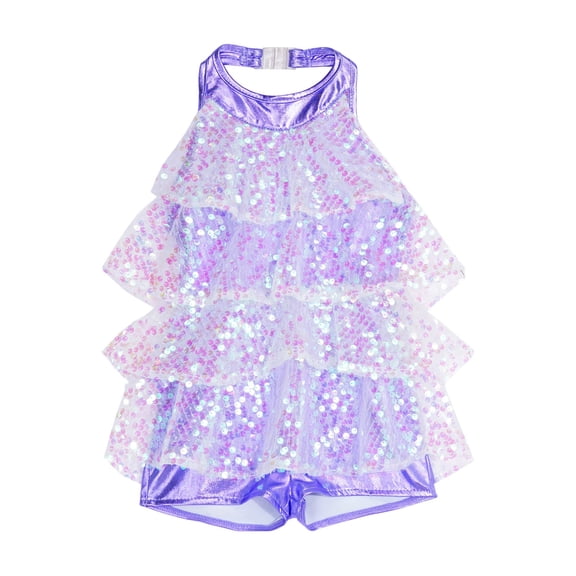 Runhomal Girls Halter Shiny Sequins Ballet Dance Dress Modern Jazz Latin Dancing Romper Dress Lavender 8