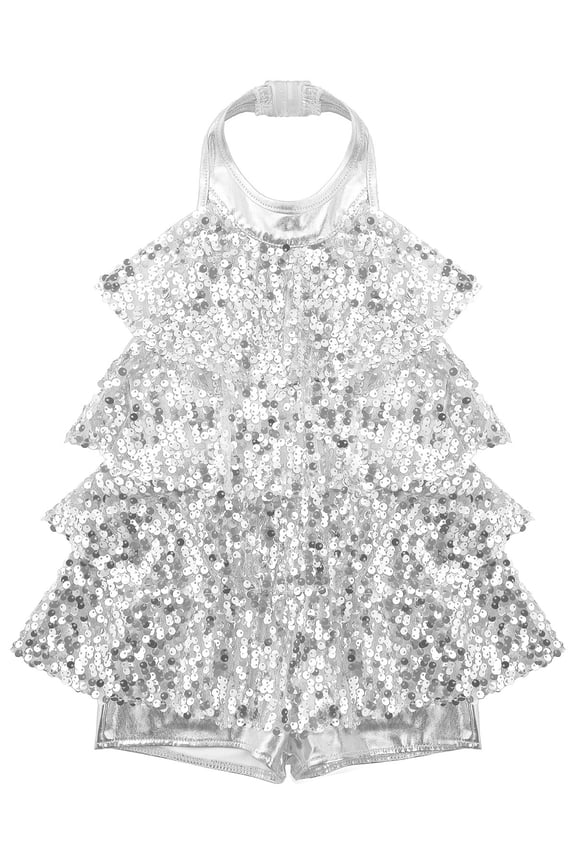 Girls Halter Shiny Sequins Ballet Dance Dress Modern Jazz Latin Dancing Romper Dress Silver 6