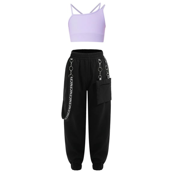 Runhomal Girls Jazz Hip Hop Clothing Sets Criss Cross Back Tank Crop Top with Pant Outfit Dancing Lavender 10