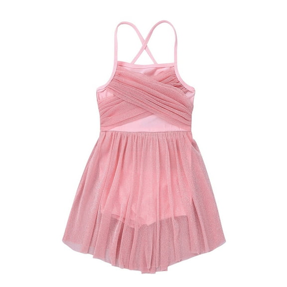 Runhomal Girls Spaghetti Shoulder Straps Latin Ballet Dance Dress Tutu Skirted Leotard Pearl Pink 12