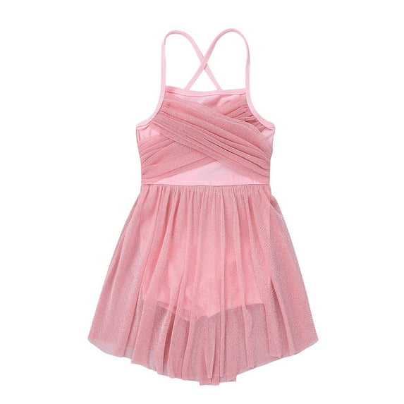 Runhomal Girls Spaghetti Shoulder Straps Latin Ballet Dance Dress Tutu Skirted Leotard Pearl Pink 6