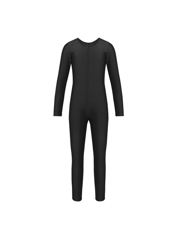 Kid Girls Long Sleeve Round Neck Unitard Catsuit Full Bodysuit Jumpsuit Gymnastics Exercise Black L
