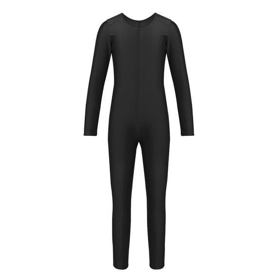 Runhomal Kid Girls Long Sleeve Round Neck Unitard Catsuit Full Bodysuit Jumpsuit Gymnastics Exercise Black XL