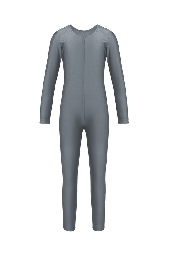 Kid Girls Long Sleeve Round Neck Unitard Catsuit Full Bodysuit Jumpsuit Gymnastics Exercise Grey 3XL