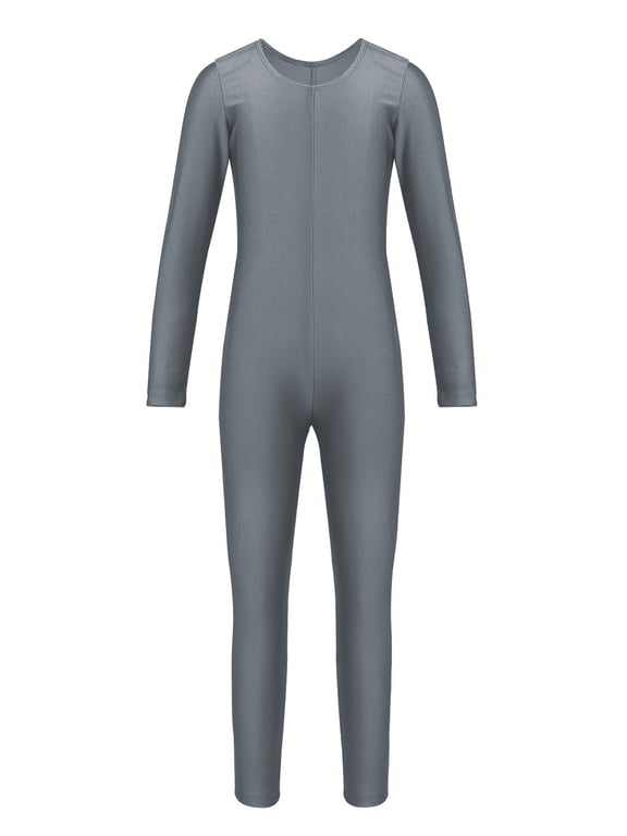 Kid Girls Long Sleeve Round Neck Unitard Catsuit Full Bodysuit Jumpsuit Gymnastics Exercise Grey XL