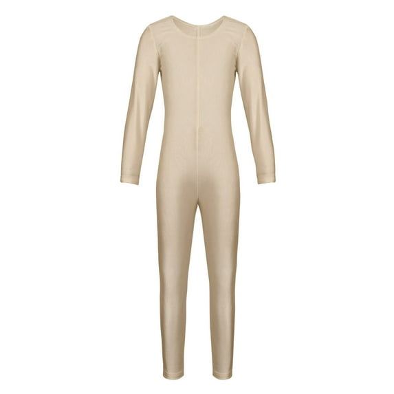 Runhomal Kid Girls Long Sleeve Round Neck Unitard Catsuit Full Bodysuit Jumpsuit Gymnastics Exercise Nude XL