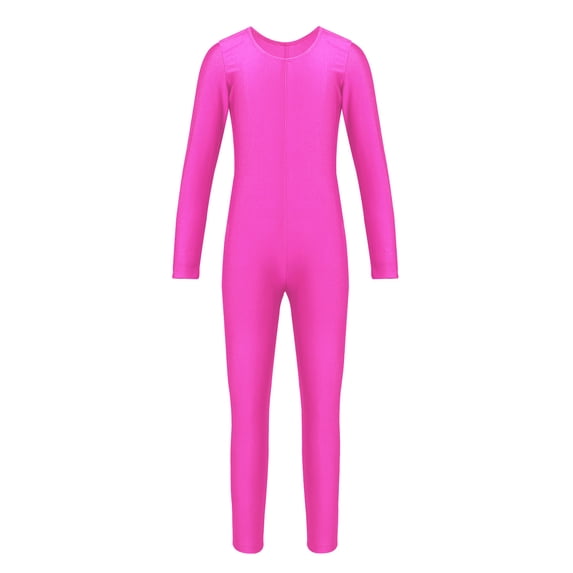 Runhomal Kid Girls Long Sleeve Round Neck Unitard Catsuit Full Bodysuit Jumpsuit Gymnastics Exercise Rose L